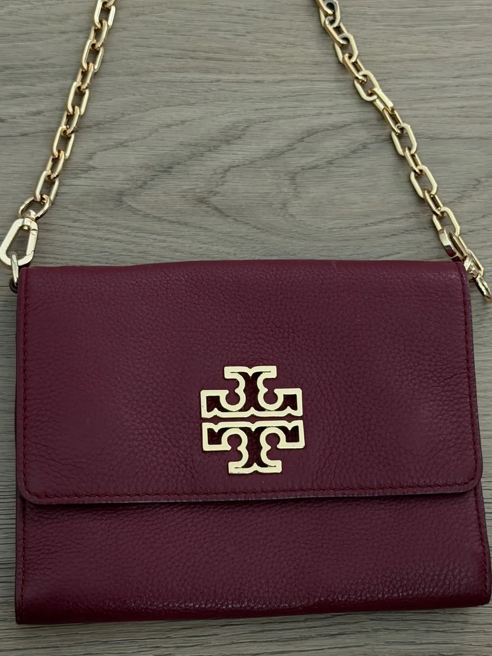 Tory Burch Burgundy Pebbled Leather Crossbody with Gold Logo Chain